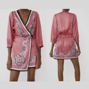Zara Kimono Wrap Mini Dress Satin V-neck Paisley Patterned in Pink 3/4 Sleeves